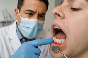 Photo of a dentist in Arcadia, CA, pointing to inflamed gums during a checkup. Focus on the redness and swelling of the gums with dental instruments in the background. No text on image.