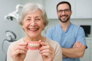 A smiling senior woman is showing off her new implant dentures in a modern dental office, with a friendly dentist in the background. No text on image.